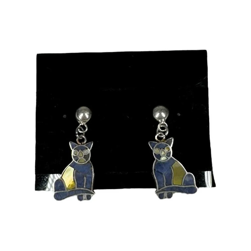 Vintage Sterling Silver Cat Earrings Post Stud 950 Lapis Lazuli Abalone Kitty - Picture 2 of 6